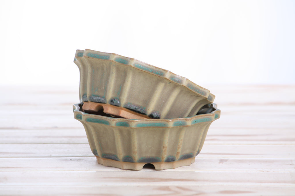 Flower Design Bonsai Pot 5 Inch – Elegant Ceramic Bonsai & Succulent Planter, High‑Fired Frost‑Proof Stoneware with Drainage & Wiring Holes, Handmade in USA (Speckled Moss)
