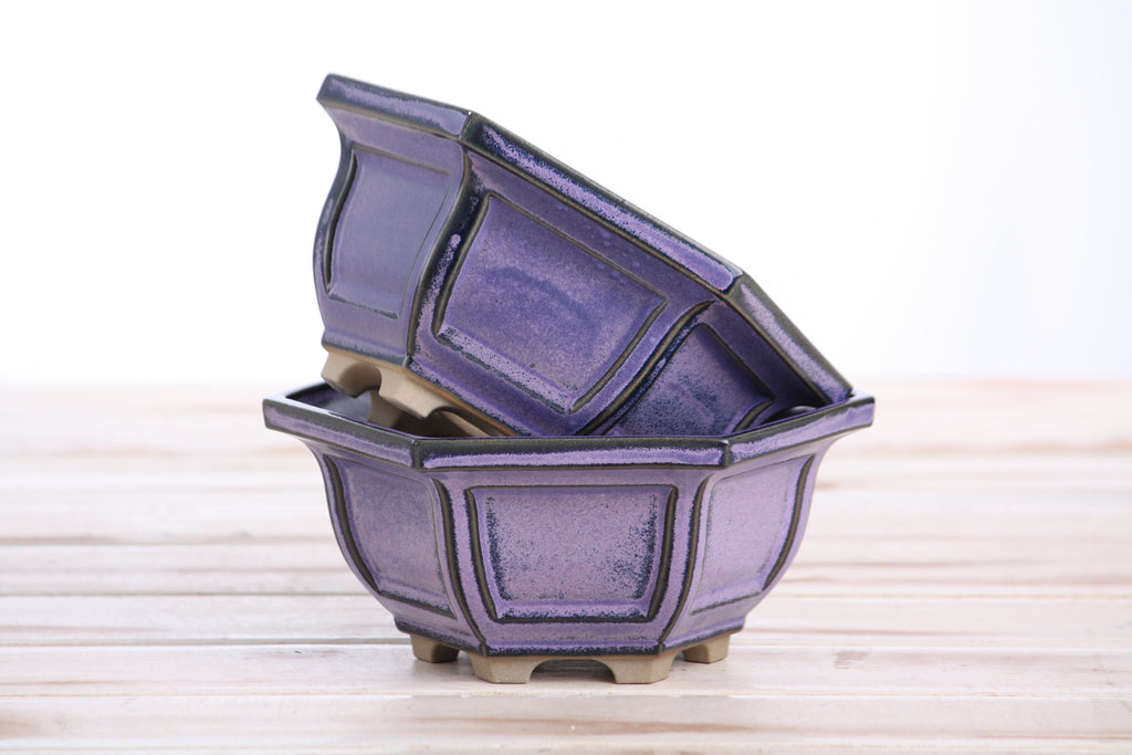 Hexagonal Windowed Bonsai Pot 5 Inch – Semi‑Cascade Planter, High‑Fired Frost‑Proof Stoneware with Drainage & Wiring Holes, Handmade in USA (Purple)