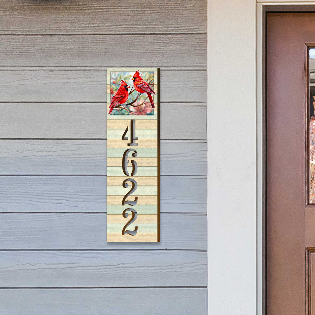 Handcrafted Wooden House Number Sign with Cardinals – Vertical & Horizontal Address Plaque for Porch or Entryway MA989833