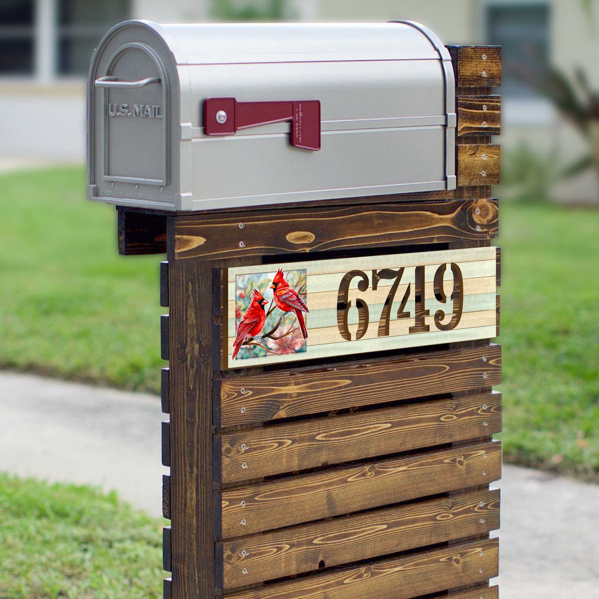 Handcrafted Wooden House Number Sign with Cardinals – Vertical & Horizontal Address Plaque for Porch or Entryway MA989833