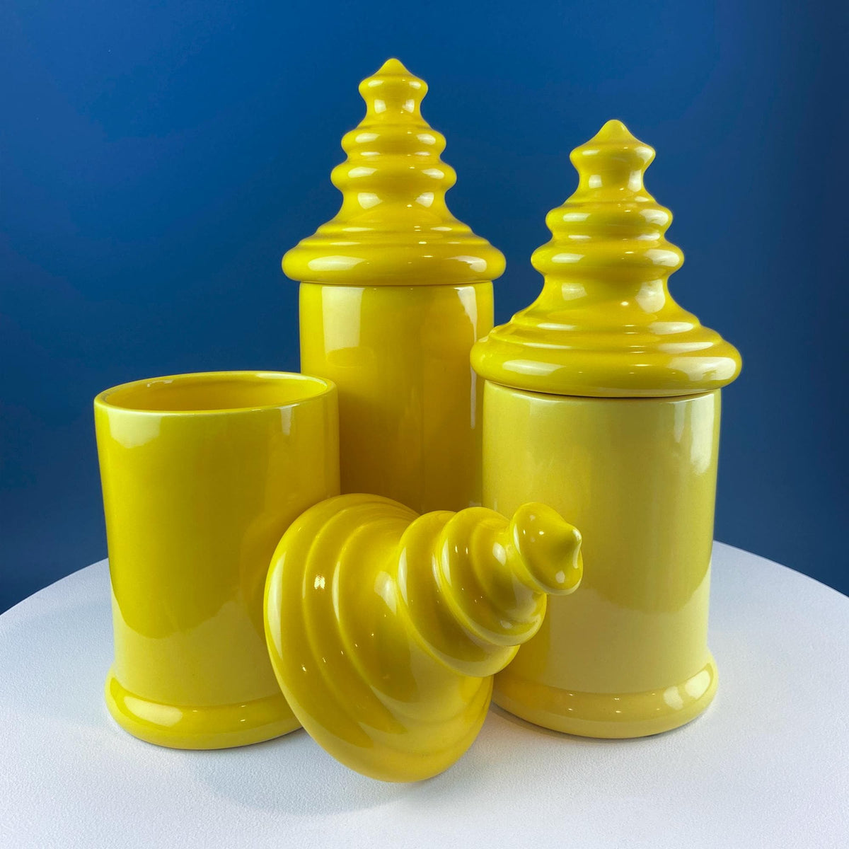Vintage Mid Century Modern Yellow Ceramic Lantern Shaped Canisters with Lids. Set of 3. Kitchen Dining Rm Decor. Modern Farmhouse. — product image