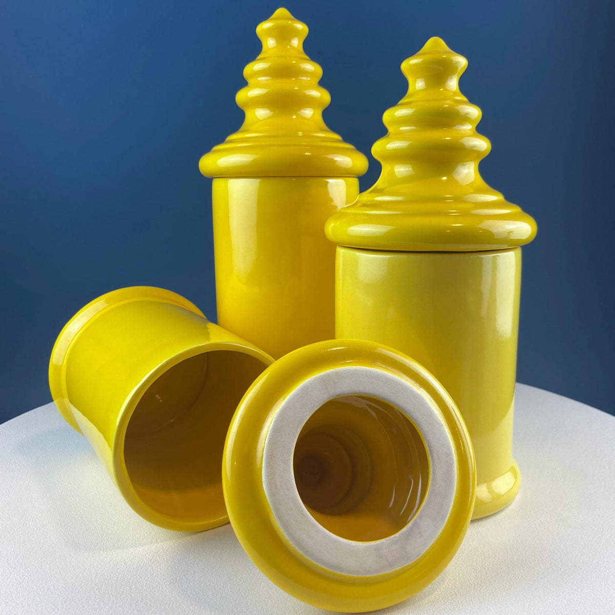 Vintage Mid Century Modern Yellow Ceramic Lantern Shaped Canisters with Lids. Set of 3. Kitchen Dining Rm Decor. Modern Farmhouse.