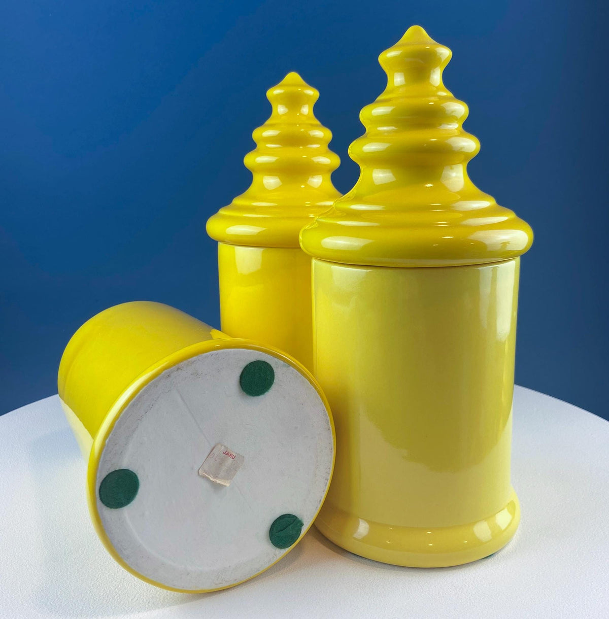 Vintage Mid Century Modern Yellow Ceramic Lantern Shaped Canisters with Lids. Set of 3. Kitchen Dining Rm Decor. Modern Farmhouse.