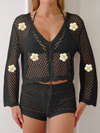 Women Lace up Cardigan Hollow Out Cutout out Woven Shirt Embroidered Floral Stitching Beach Sun Protection Long Sleeved Blouse Casual Coat