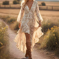 Women's Bohemian V-Neck Asymmetrical Hem Printed Long Sleeve Dress — product image