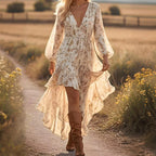 Women's Bohemian V-Neck Asymmetrical Hem Printed Long Sleeve Dress — product image