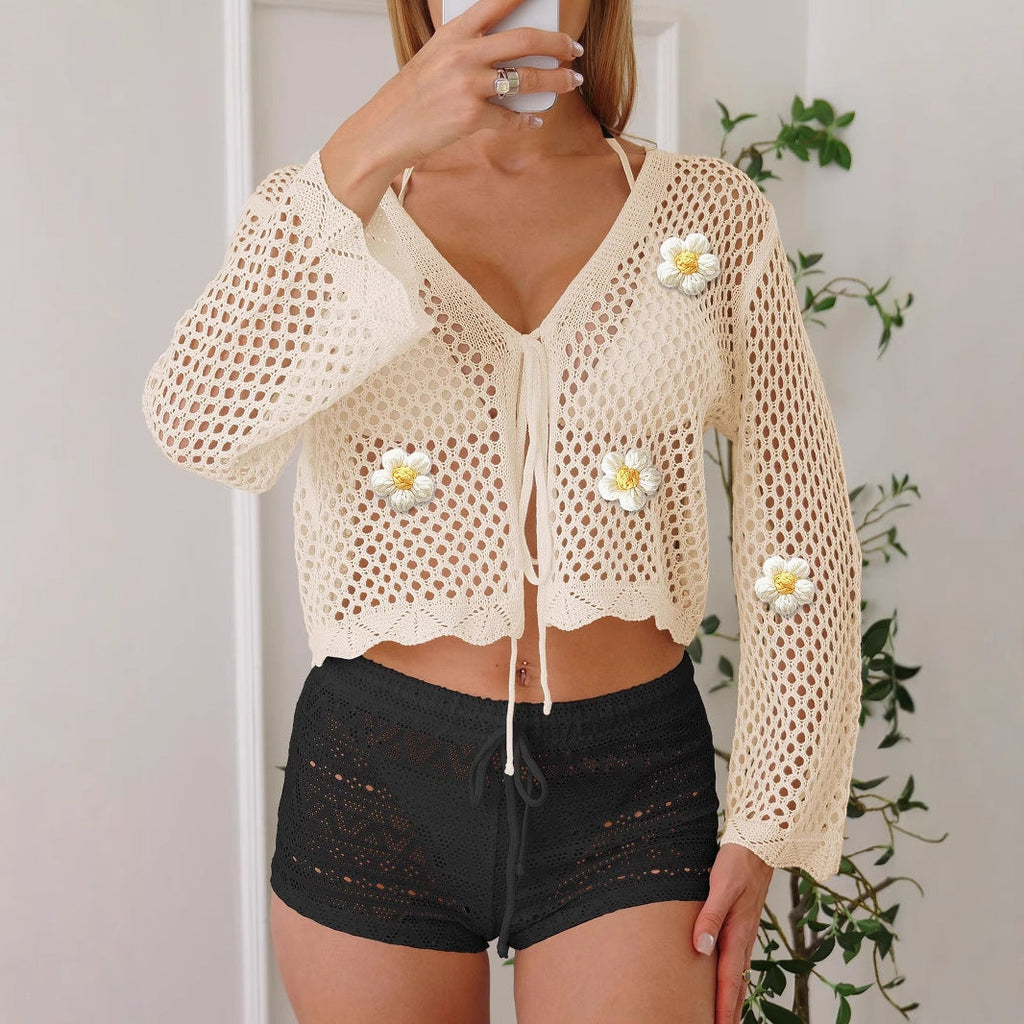 Women Lace up Cardigan Hollow Out Cutout out Woven Shirt Embroidered Floral Stitching Beach Sun Protection Long Sleeved Blouse Casual Coat — product image