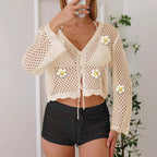 Women Lace up Cardigan Hollow Out Cutout out Woven Shirt Embroidered Floral Stitching Beach Sun Protection Long Sleeved Blouse Casual Coat — product image