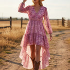 Women's Bohemian V-Neck Asymmetrical Hem Printed Long Sleeve Dress