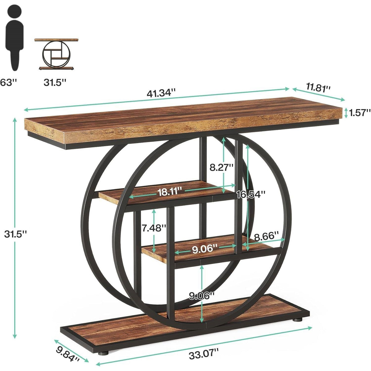 Modern Industrial 41-inch Long Narrow Entryway Foyer Console Table with Shelves