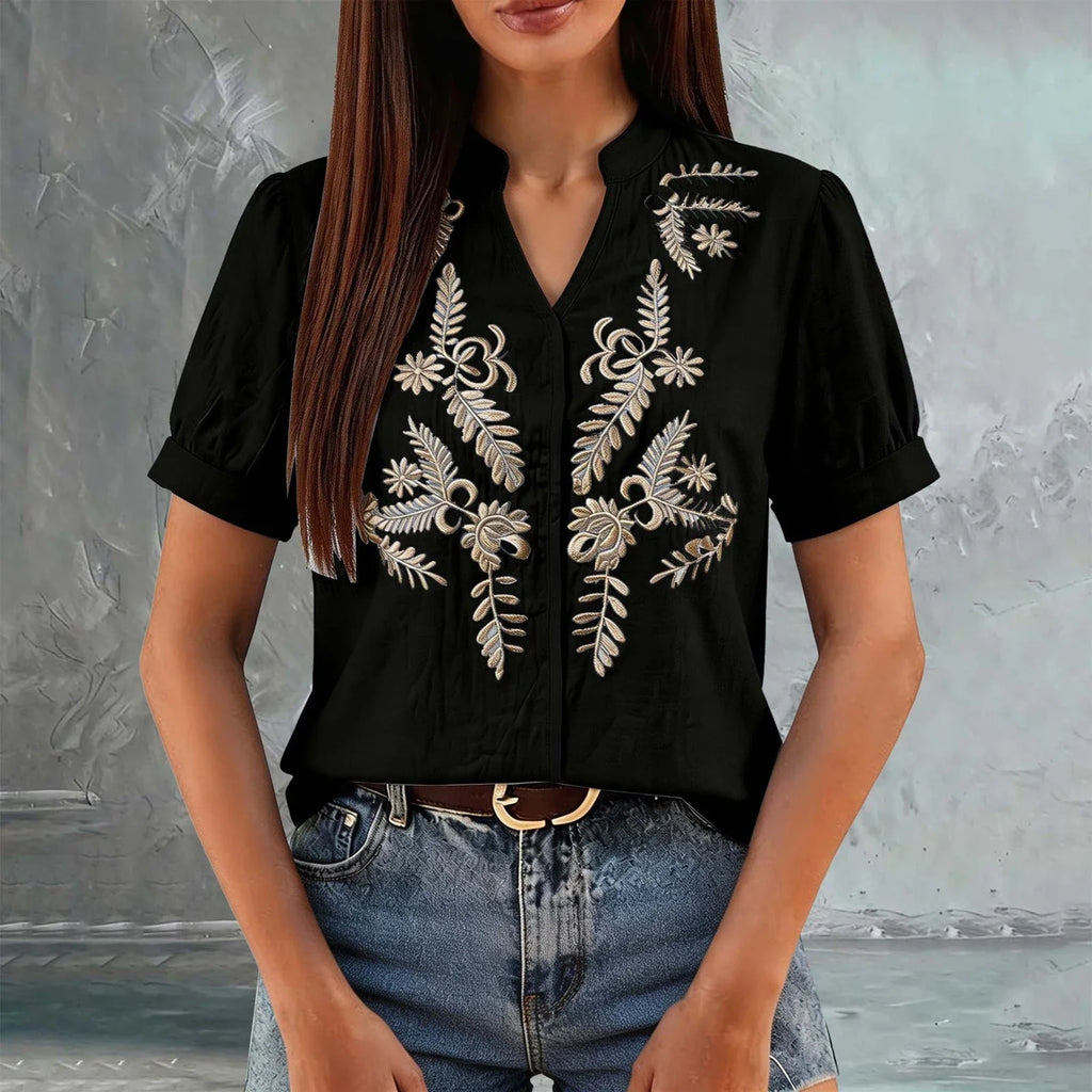 Women's Floral Embroidered Short-Sleeve Blouse