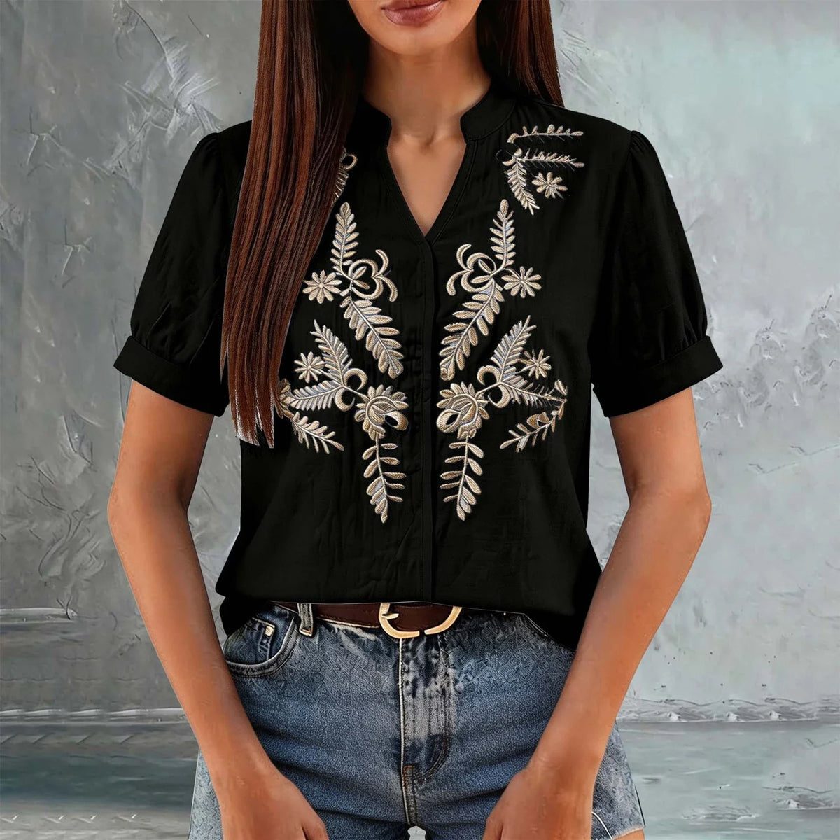 Women's Floral Embroidered Short-Sleeve Blouse