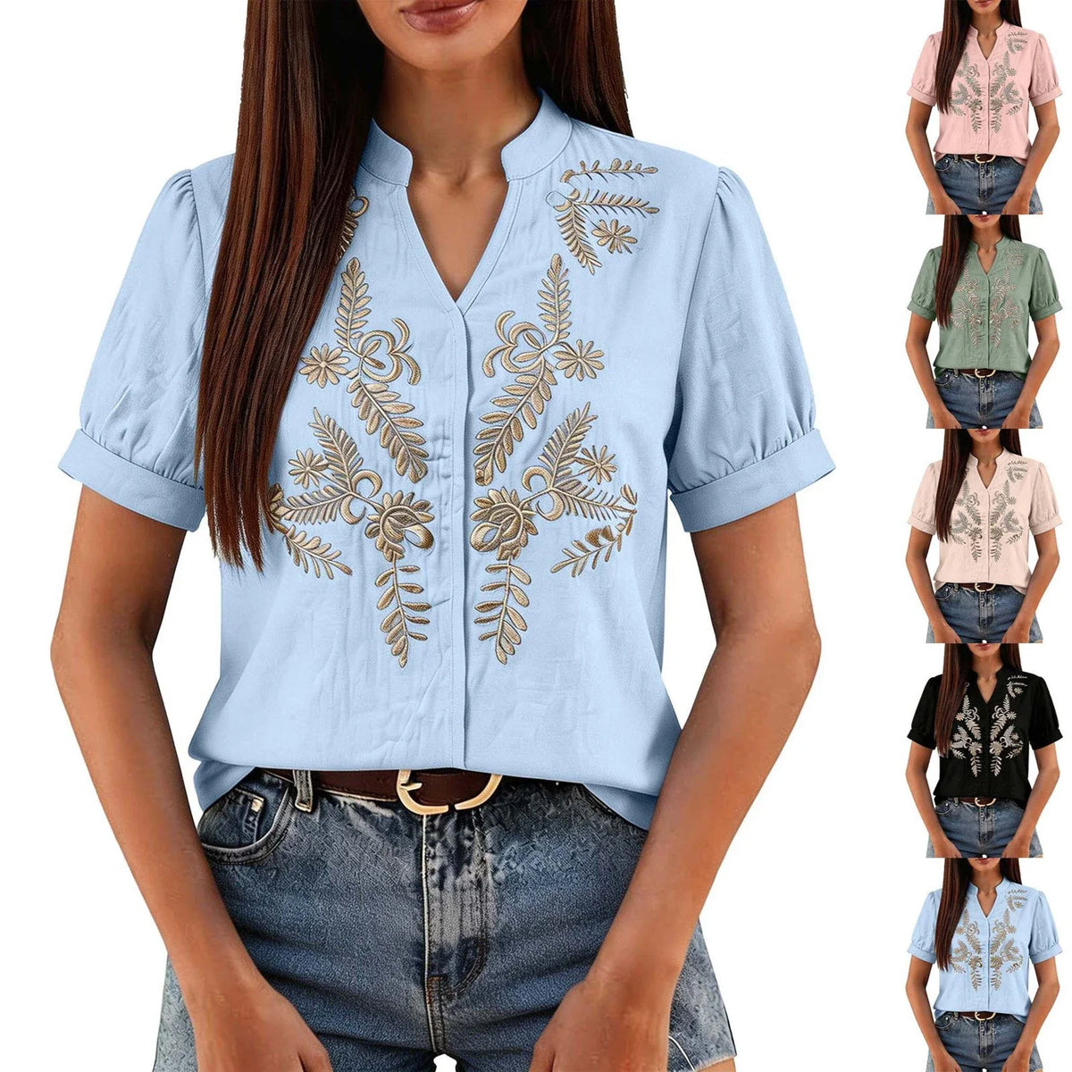 Women's Floral Embroidered Short-Sleeve Blouse
