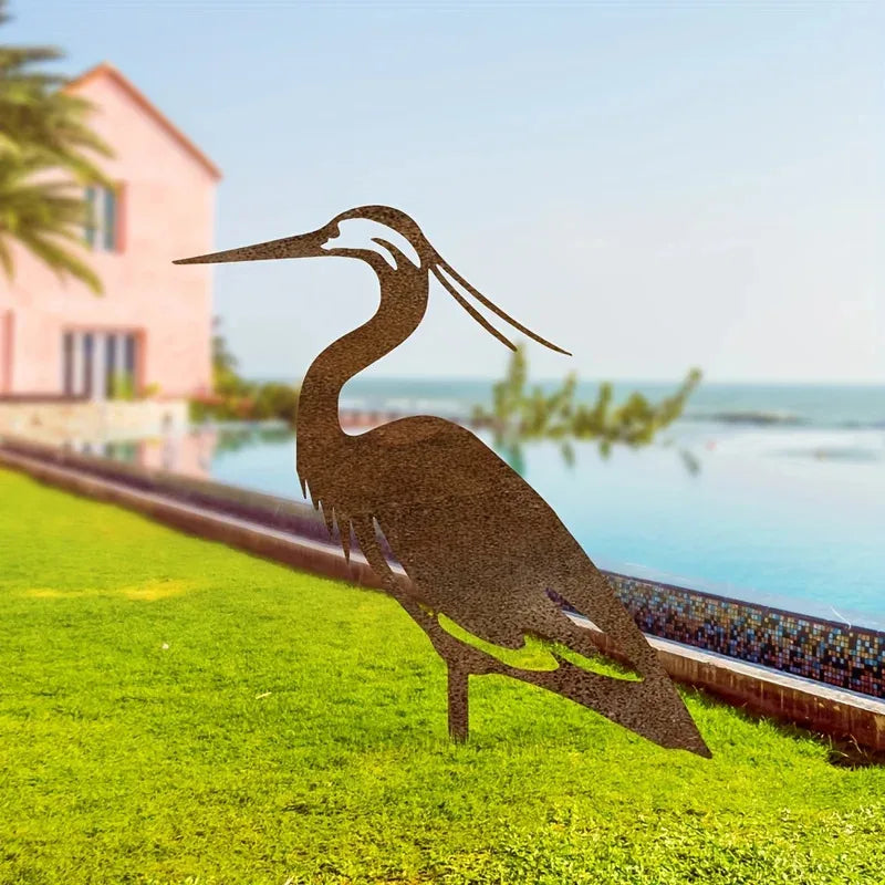 Rusted Metal Crane Garden Statue - Contemporary Freestanding Heron Bird Sculpture, Weather-Resistant Outdoor Yard Art for Lawn
