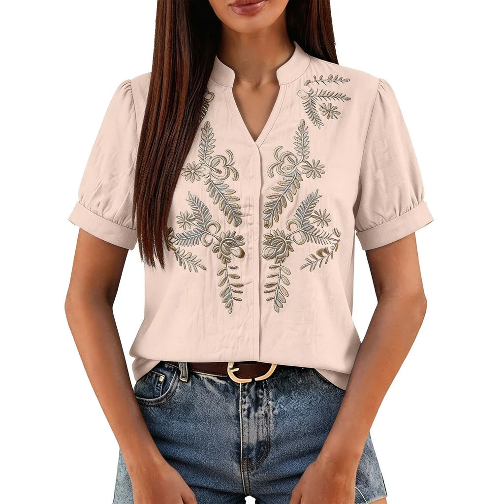 Women's Floral Embroidered Short-Sleeve Blouse