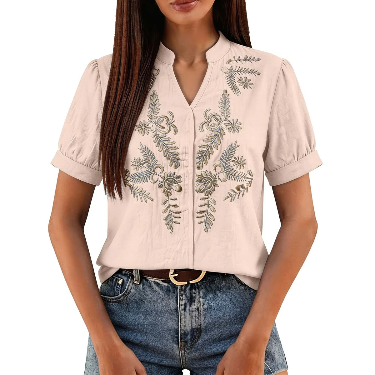 Women's Floral Embroidered Short-Sleeve Blouse