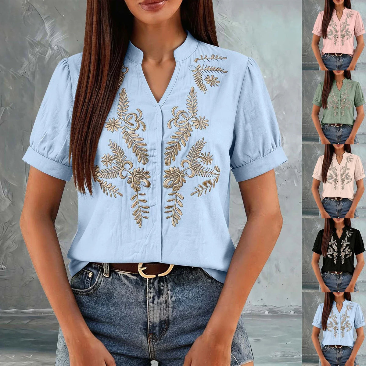 Women's Floral Embroidered Short-Sleeve Blouse