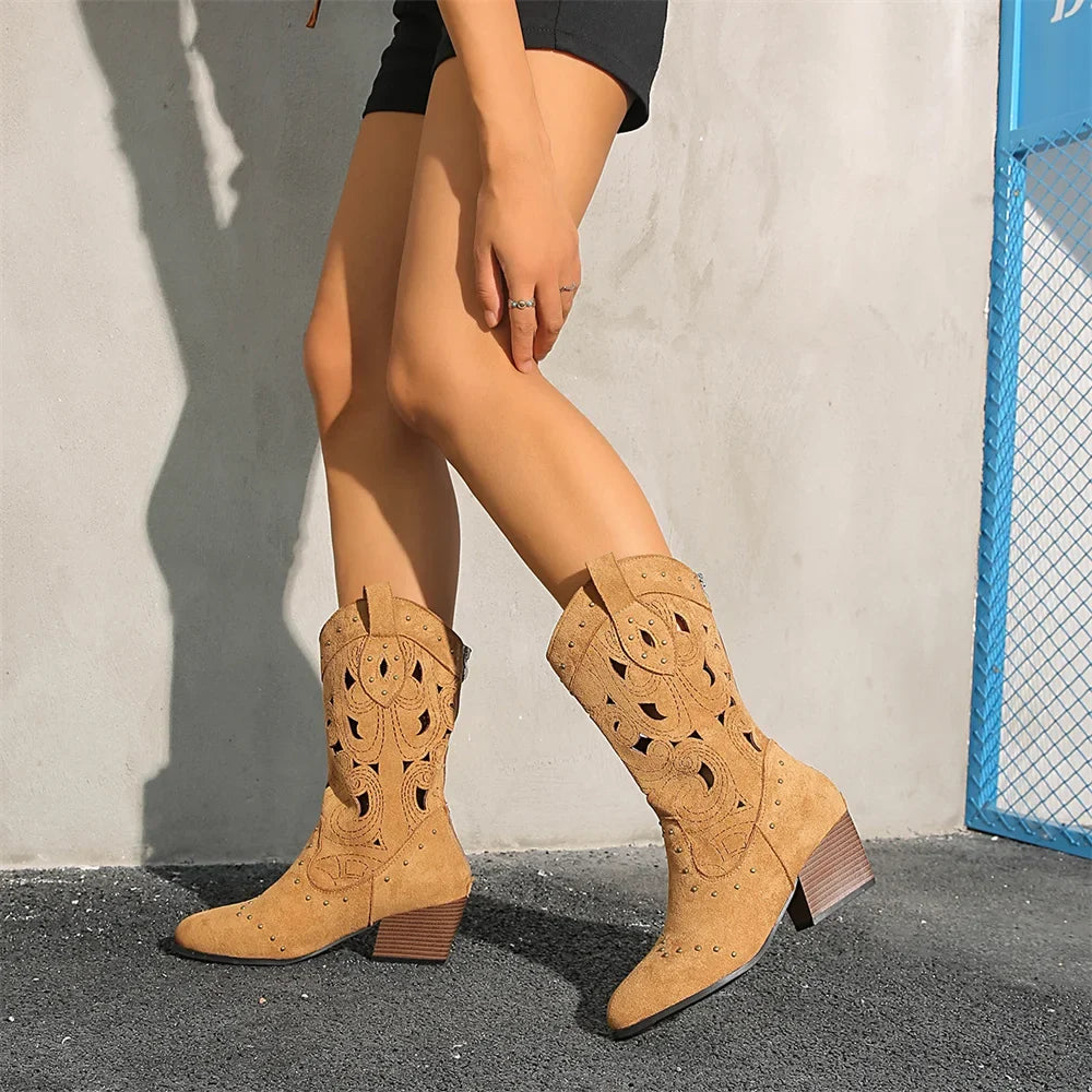 Women's Western Cutout Cowboy Boots – Vegan Suede & Rivet Detail