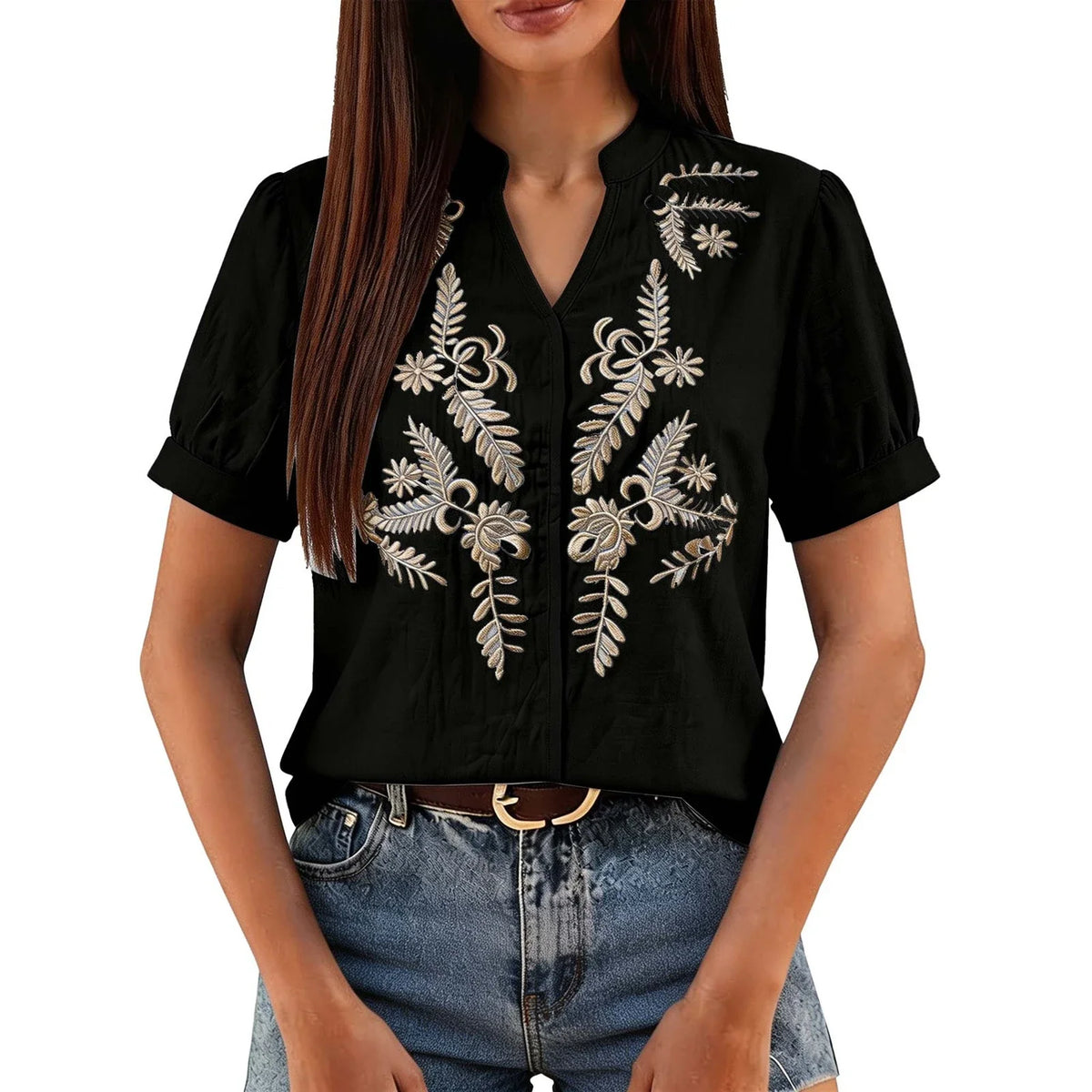 Women's Floral Embroidered Short-Sleeve Blouse