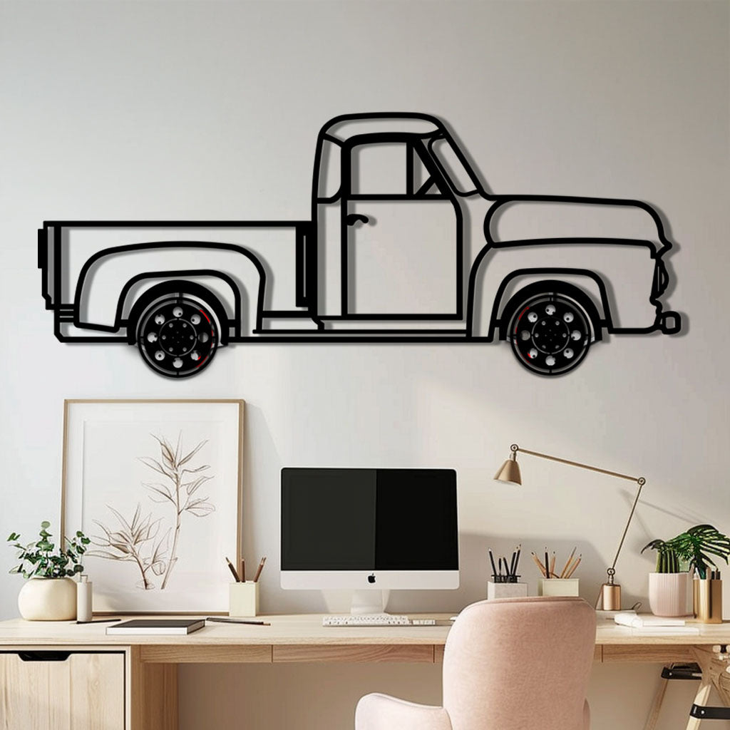 Classic Pickup Truck Metal Wall Art with Rotating Wheels - Vintage Chevy Style Silhouette - Interactive Retro Garage Decor - KAFMEKA119 — product image