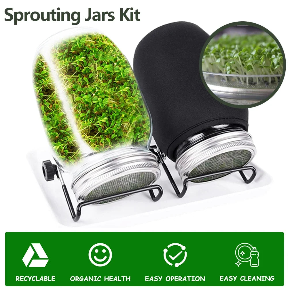 Seed Sprouting Jar Kit Durable Glass Bean Sprouts Growing Kit with Stainless Steel Screen Sprout Lids Stands Shading Cloths Tray
