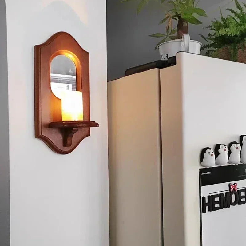 Vintage Wall Mirror with Shelf Solid Wood Aromatherapy Candlestick Holder Hanging Decor for Cafe Decorative Wall Rack