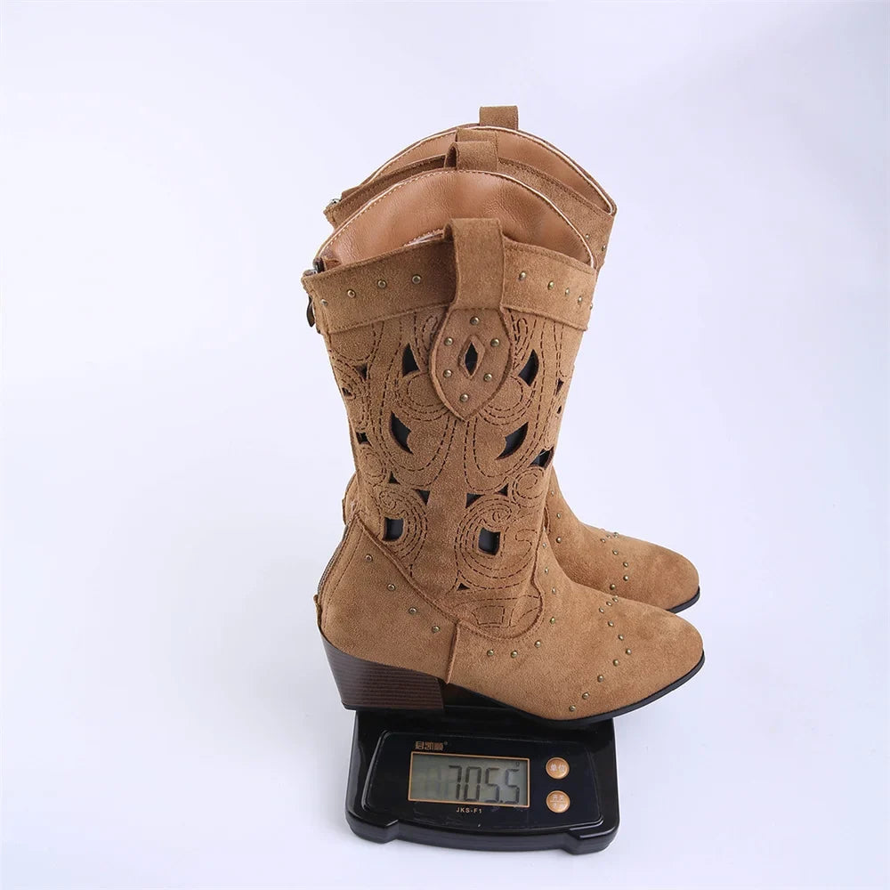 Women's Western Cutout Cowboy Boots – Vegan Suede & Rivet Detail