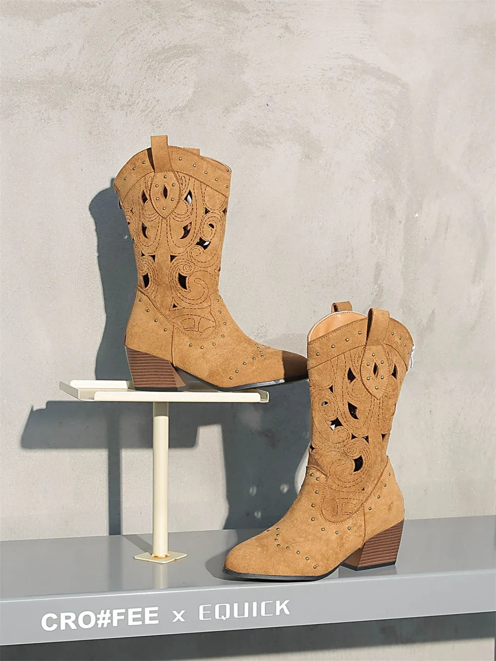 Women's Western Cutout Cowboy Boots – Vegan Suede & Rivet Detail
