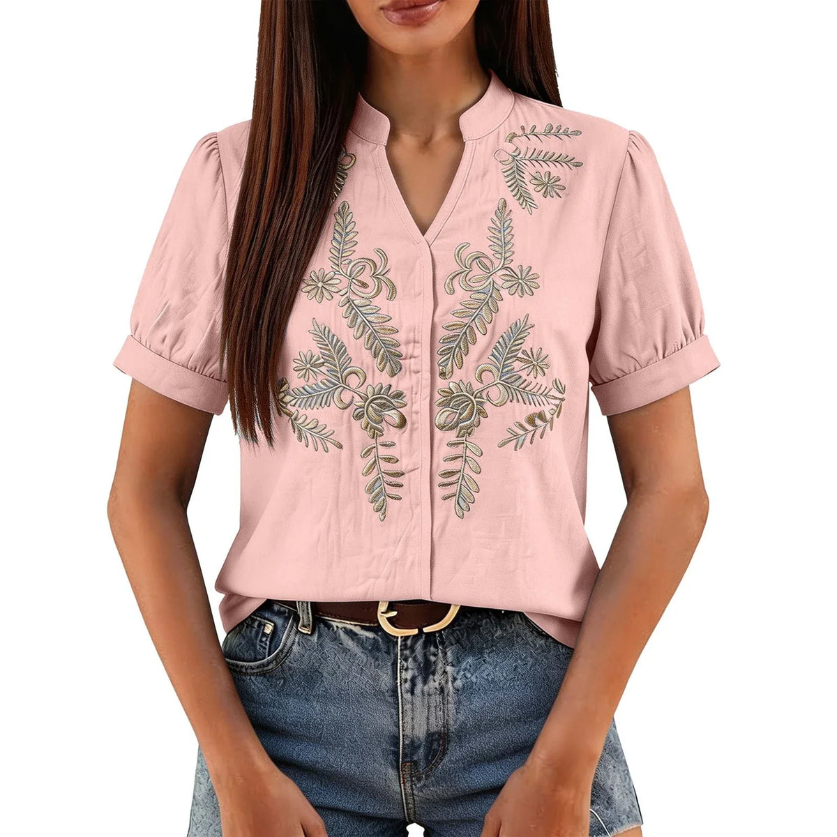 Women's Floral Embroidered Short-Sleeve Blouse
