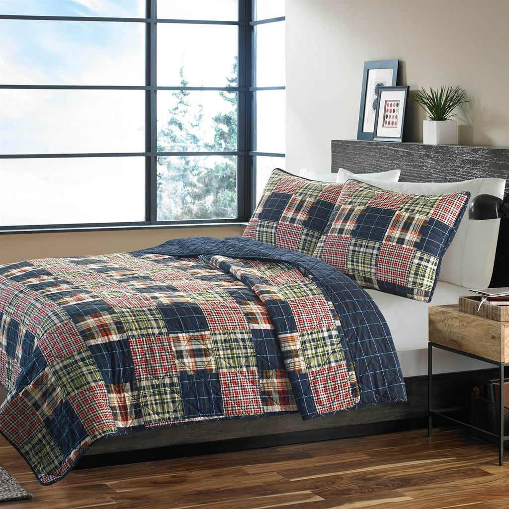 Twin size Farmhouse Red Navy Plaid 100-Percent Cotton Reversible Quilt Set — product image
