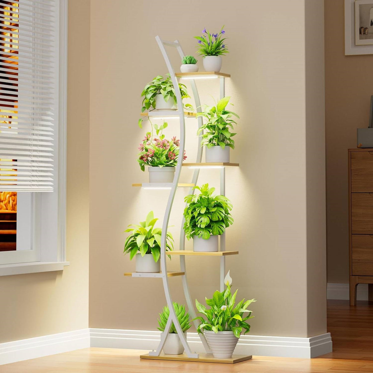 Indoor Plant Stand with 4 Grow Lights – 7-Tier Metal & Wood-Finish Shelves