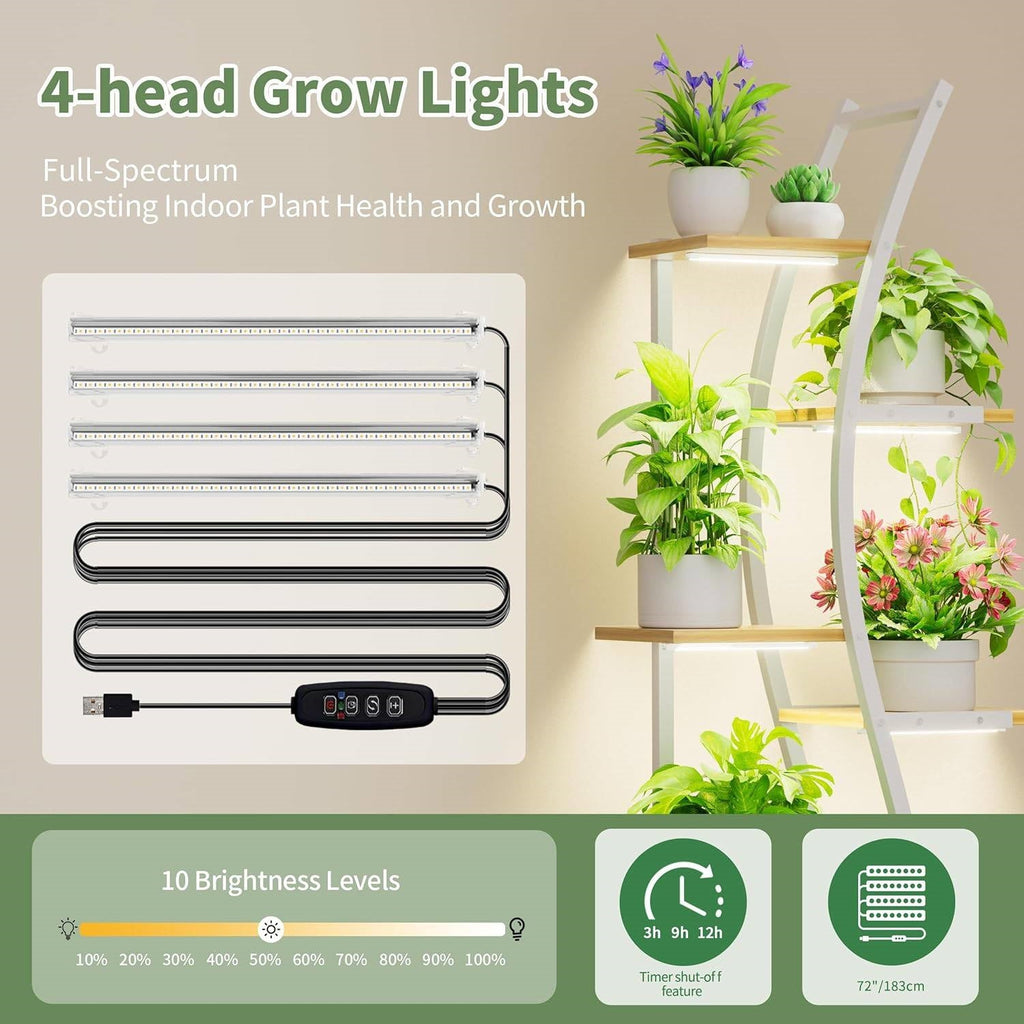 Indoor Plant Stand with 4 Grow Lights – 7-Tier Metal & Wood-Finish Shelves