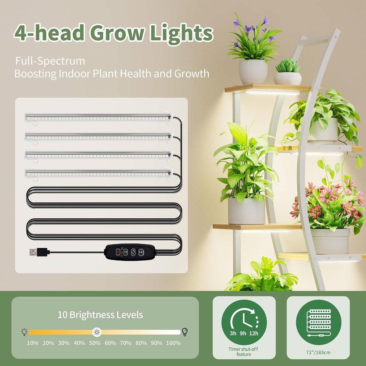Indoor Plant Stand with 4 Grow Lights – 7-Tier Metal & Wood-Finish Shelves