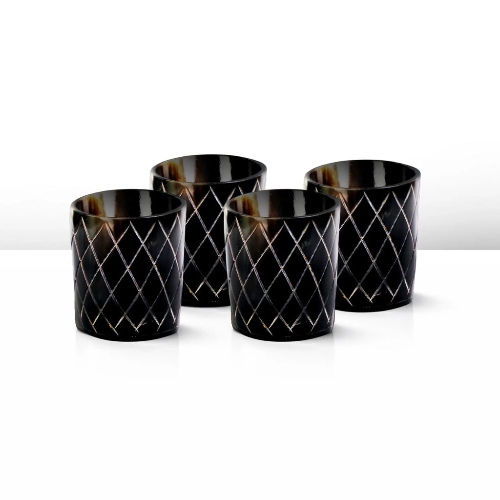 Whiskey Shot Cups Set Crisscross Pattern Real Ox Horn 6.5 oz, Pack 4, 8 & 12 — product image