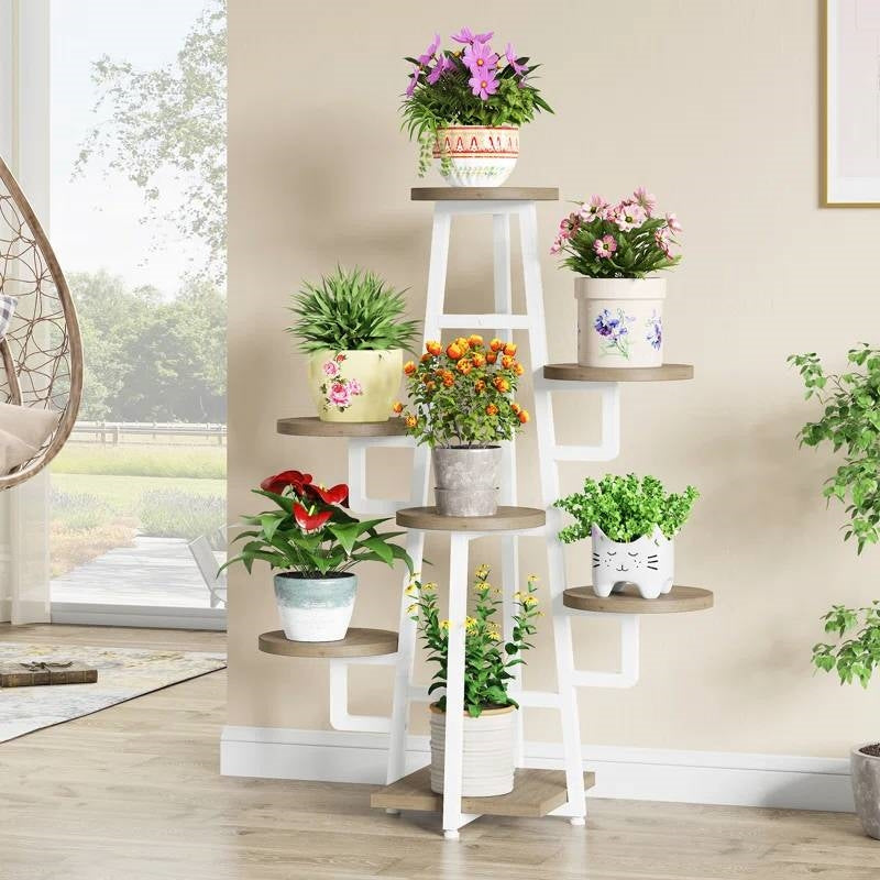 Modern Industrial Indoor Multi-Tier Plant Stand with White Metal Frame