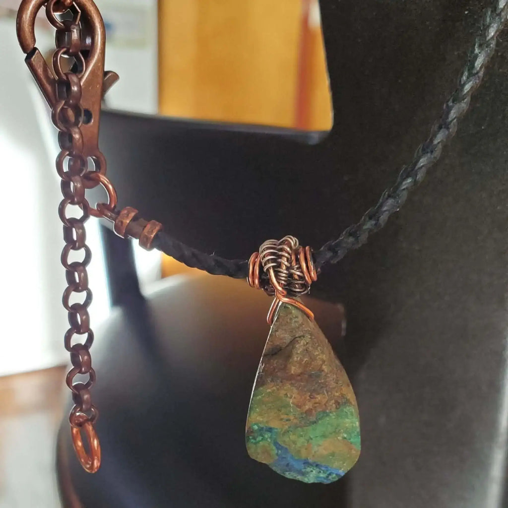 Wire Wrapped Copper Natural Azurite Malachite Drop Vegan Cord Necklace