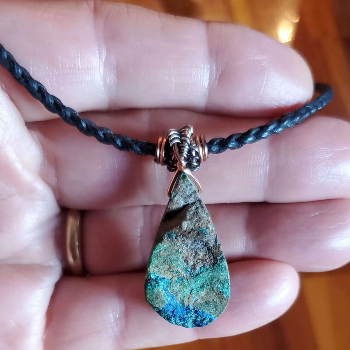 Wire Wrapped Copper Natural Azurite Malachite Drop Vegan Cord Necklace