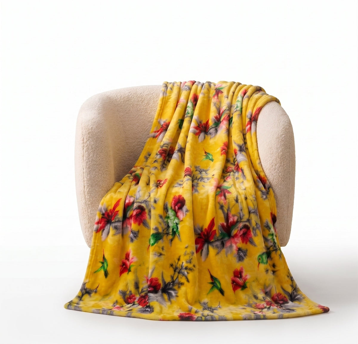DaDa Bedding Yellow Farmhouse Rustic Spring Floral Hummingbirds Soft Fleece Throw Blanket (925) — product image
