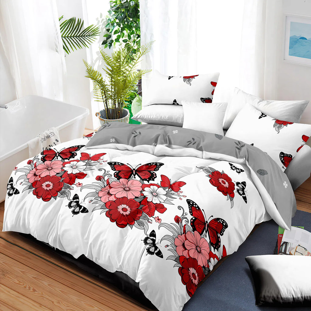 4-Piece Red Butterfly Floral Bedding Set - Microfiber Duvet Cover + Pillow Shams + Fitted Bed Sheet
