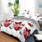 4-Piece Red Butterfly Floral Bedding Set - Microfiber Duvet Cover + Pillow Shams + Fitted Bed Sheet