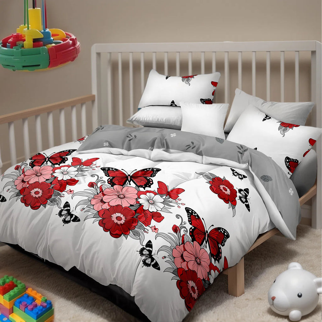 4-Piece Red Butterfly Floral Bedding Set - Microfiber Duvet Cover + Pillow Shams + Fitted Bed Sheet