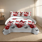 4-Piece Red Butterfly Floral Bedding Set - Microfiber Duvet Cover + Pillow Shams + Fitted Bed Sheet