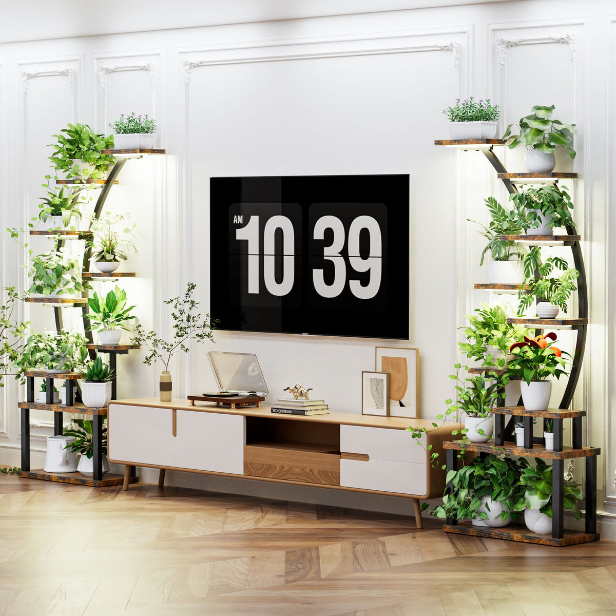 9 Tiered Indoor Plant Stand with 5 Adjustable Grow Lights - Light Brown