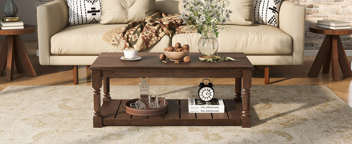 Farmhouse Wooden Coffee Table with Two-Tier Storage - Natural Wood Finish