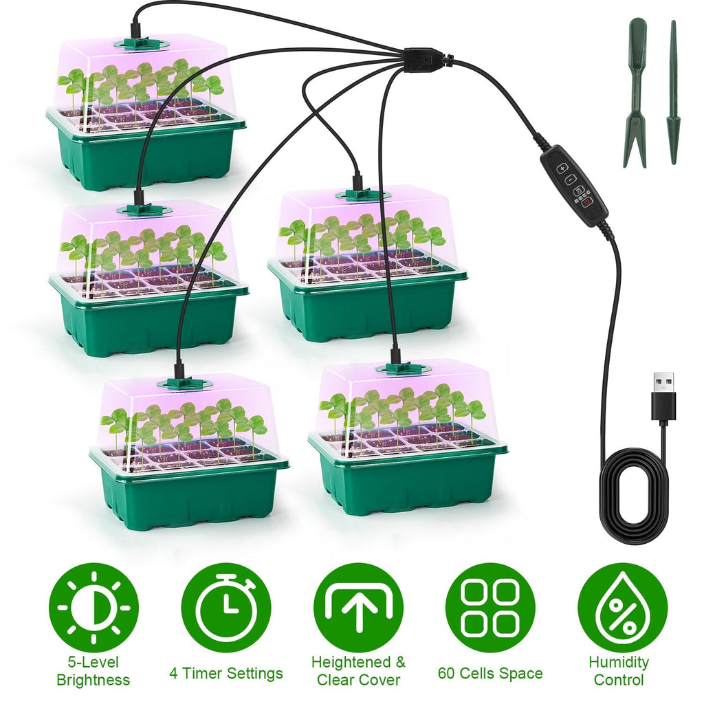 Indoor Seed Starter Kit – 5 Grow Lights, 60-Cell Tray & Humidity Dome
