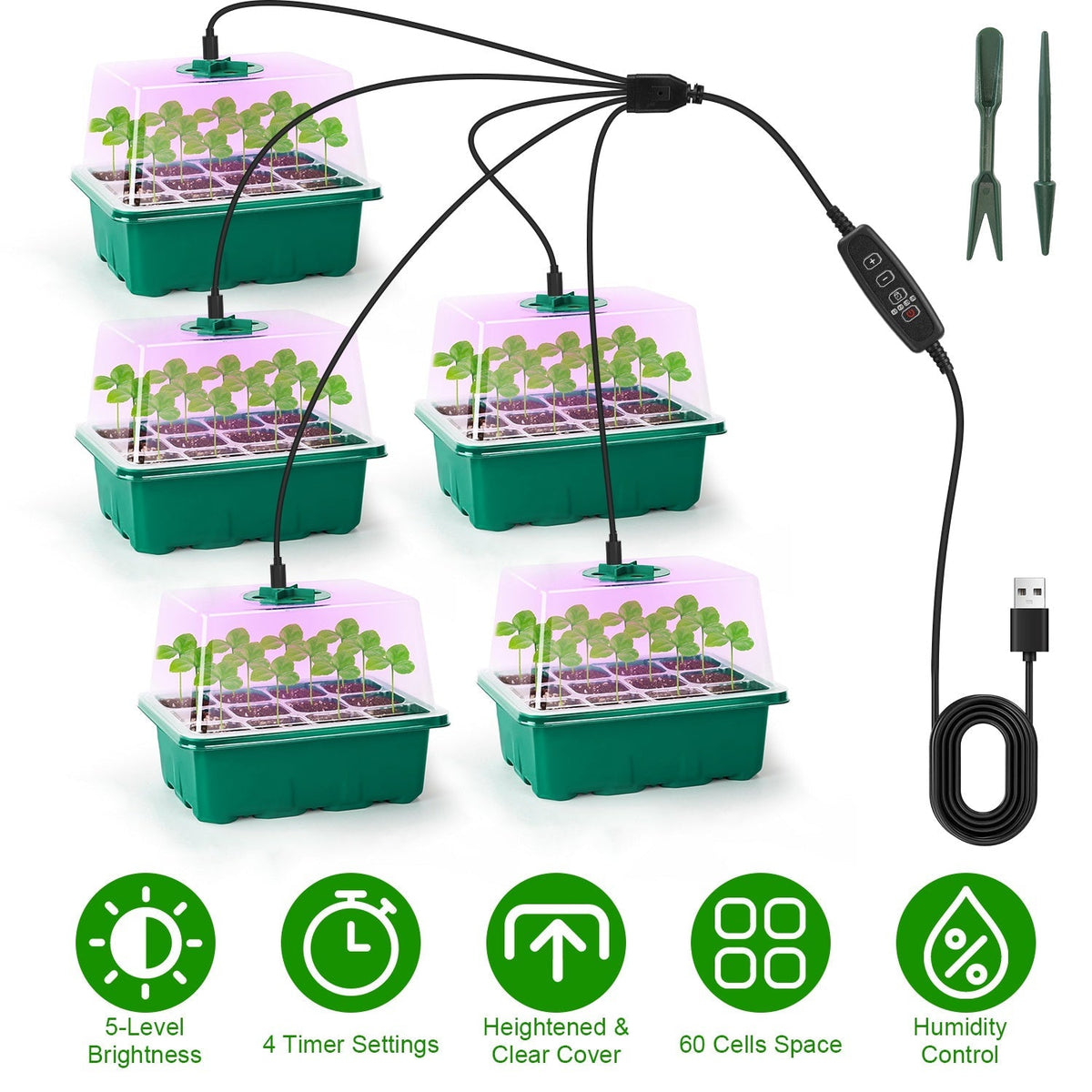 Indoor Seed Starter Kit – 5 Grow Lights, 60-Cell Tray & Humidity Dome