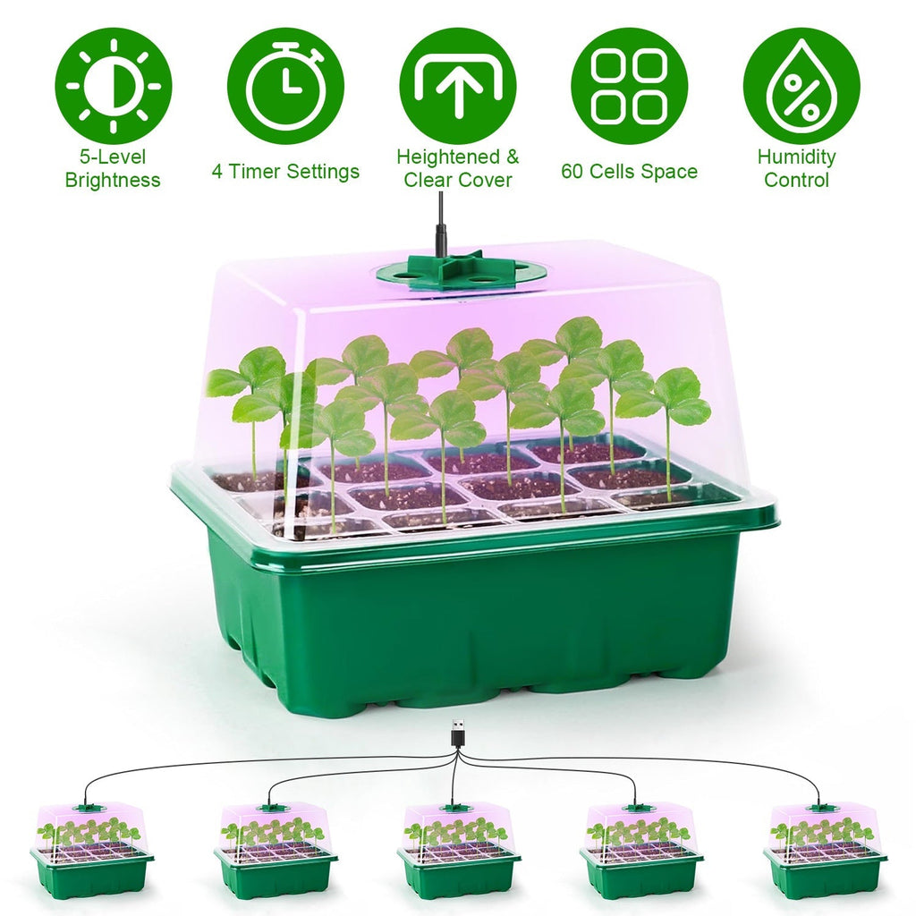 Indoor Seed Starter Kit – 5 Grow Lights, 60-Cell Tray & Humidity Dome