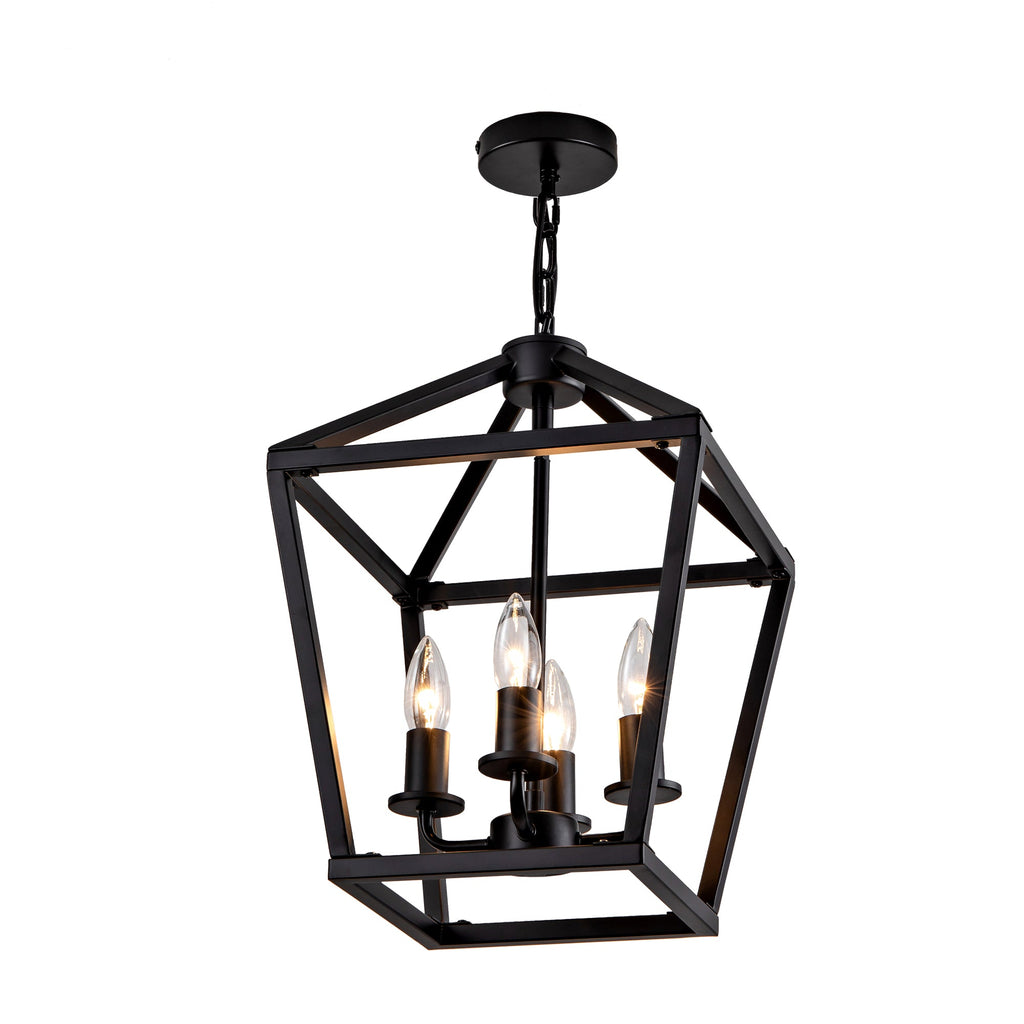 Farmhouse Lantern Chandelier 4-Light with Wrought Iron Accents - Matte Black