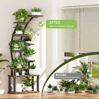 9 Tiered Indoor Plant Stand with 5 Adjustable Grow Lights - Light Brown