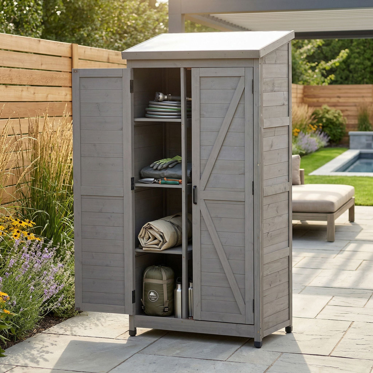 Outdoor Storage Shed with Vertical Tool Cabinet - Solid Wood, Dark Gray or Light Brown
